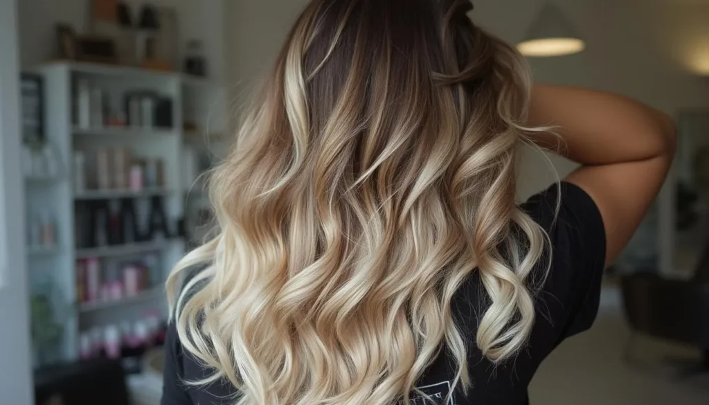 Ombré-färgning med markerad övergång från mörk botten till ljusa toppar, i varma karamelltoner.