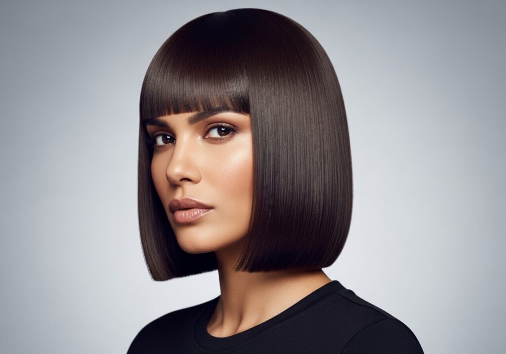 Kvinna med en elegant Blunt Cut-frisyr – rakt, glansigt hår med perfekt avslut och tydlig linje, fotograferad i mjukt ljus.