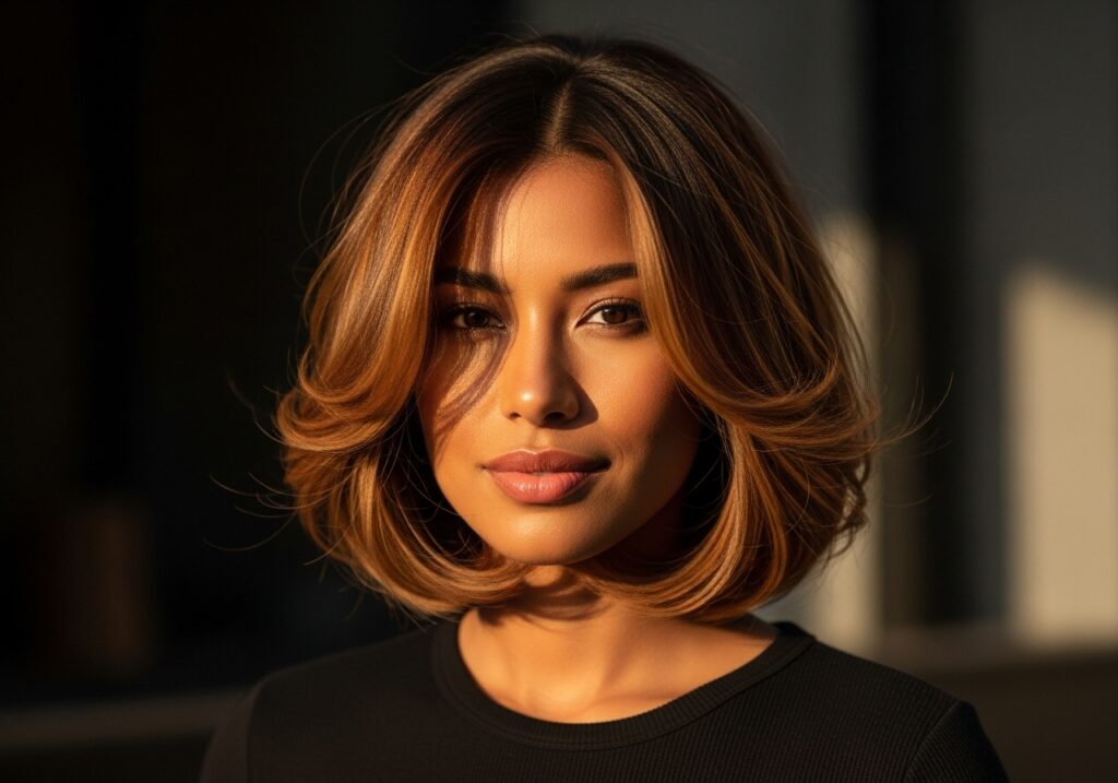 Kvinna med en layered bob – en mjukt uppklippt bobfrisyr i naturlig hårfärg med rörelse, glans och harmonisk form.