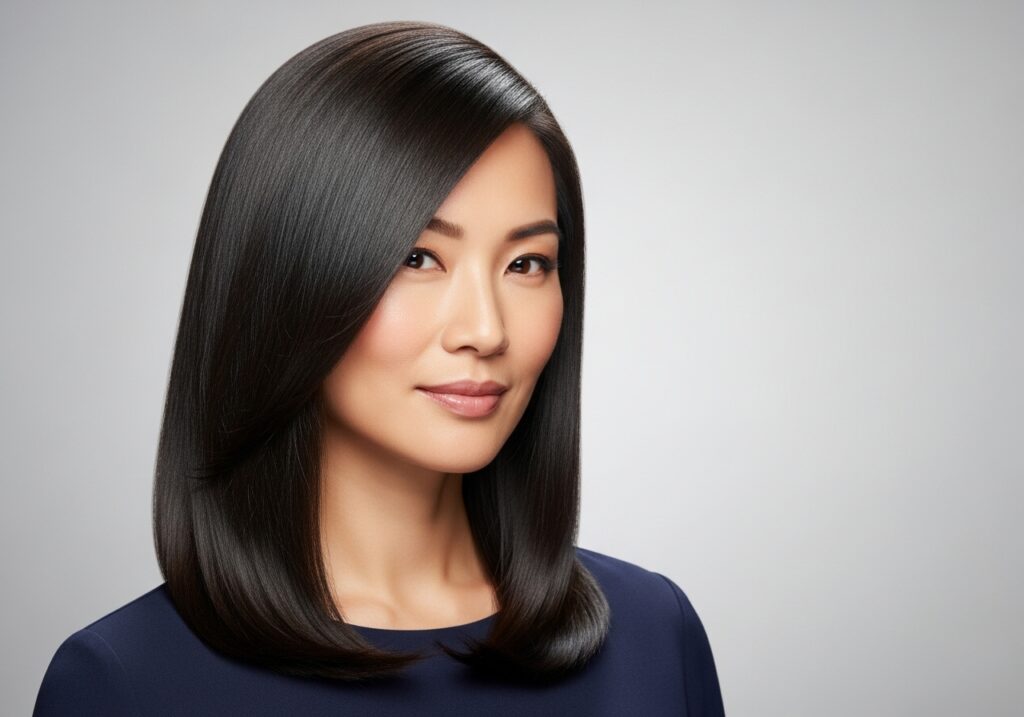 Kvinna med rakt, axellångt hår i naturlig hårfärg – glansigt, elegant och perfekt balanserat för en tidlös look.