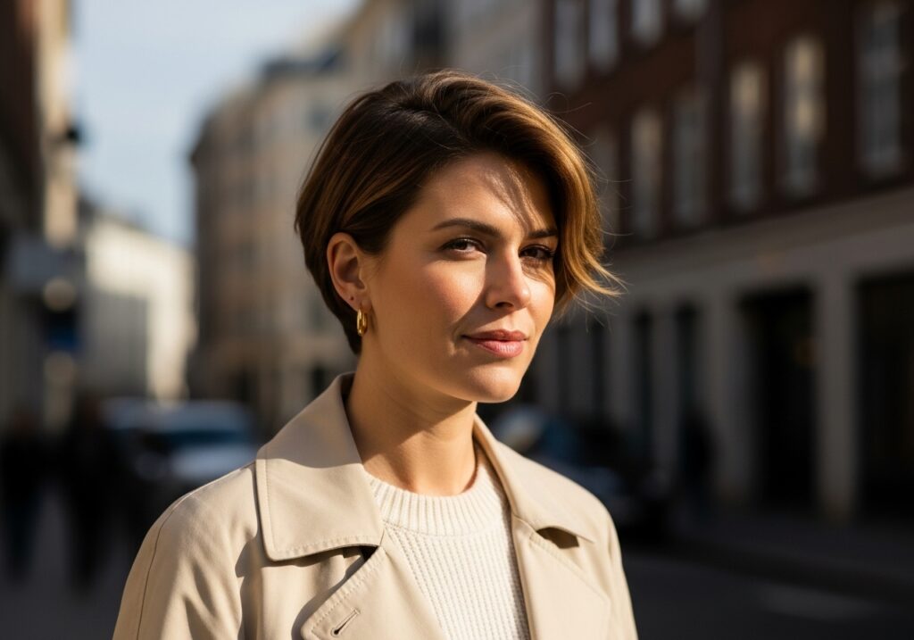 Kvinna med en klassisk pixie-klippning i mjukt brunt hår, fotograferad utomhus i naturligt ljus – en kort, elegant frisyr med modern textur och självsäker stil.